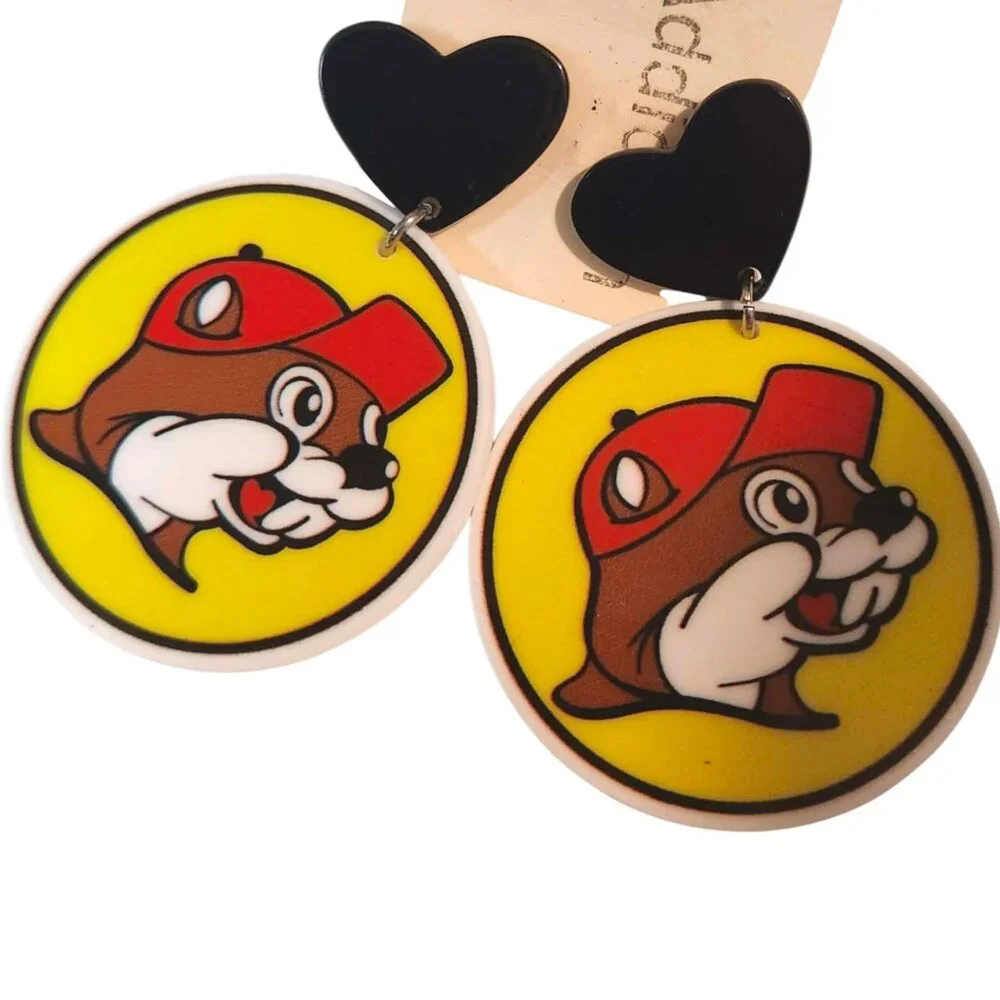 Buc-ee's Round Earrings Buc-ee's Beaver Yellow Red Black White NEW